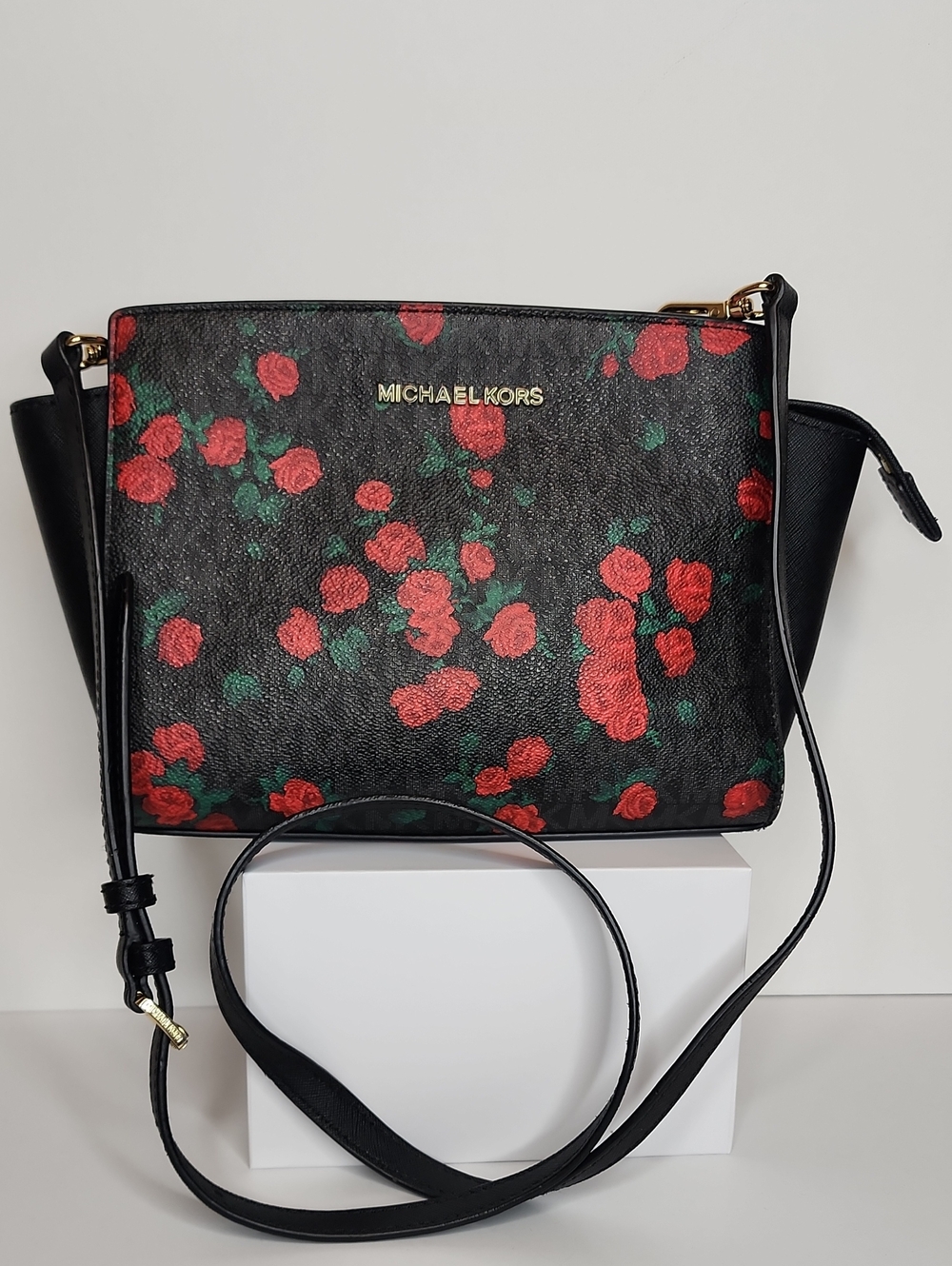 Michael Kors Black Crossbody with Red Floral Print